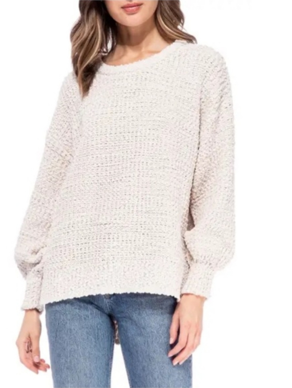 Bobeau Manon Popcorn Knit Balloon Sleeves Hih-Low Preppy Chunky Sweater 2X